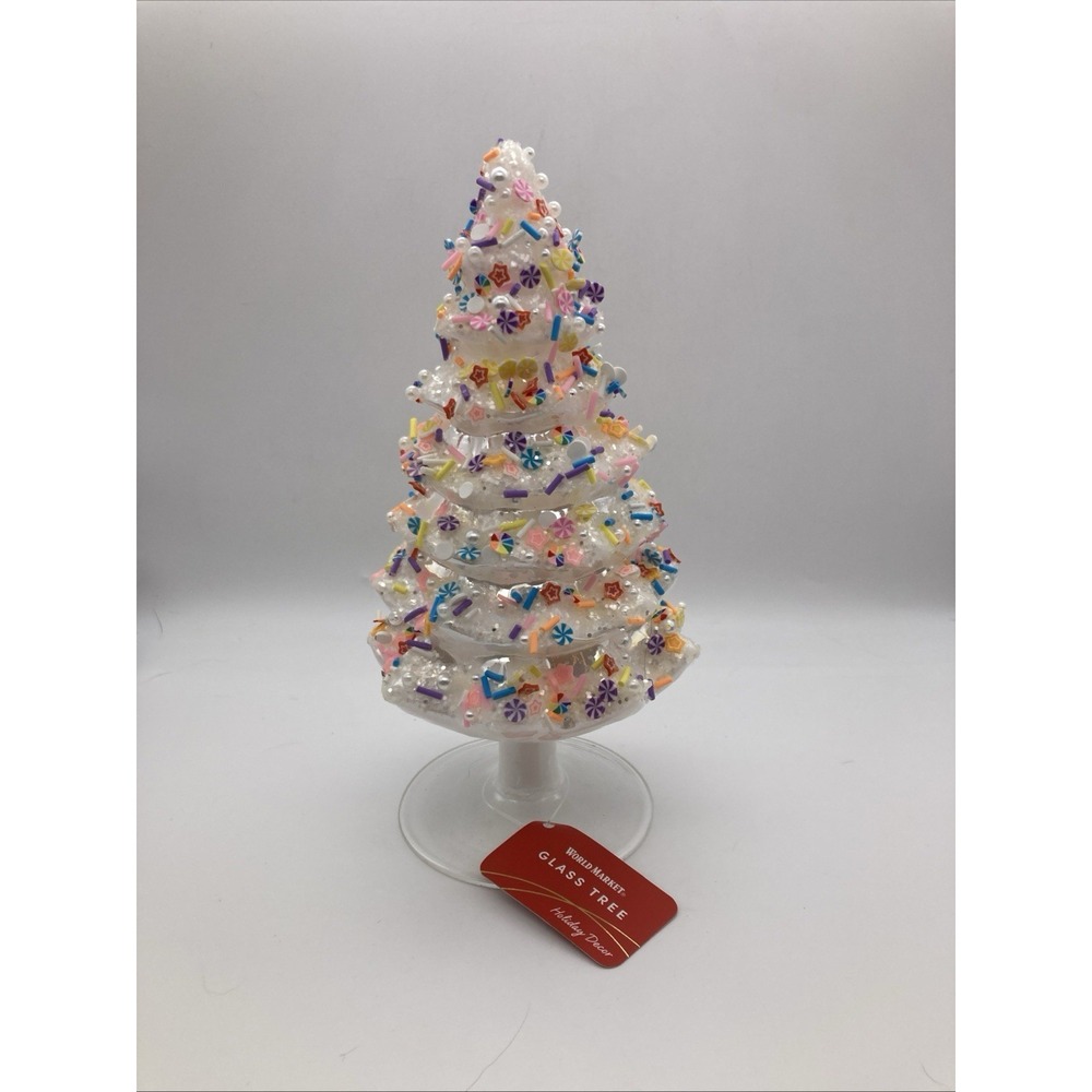 World Market White Sparkly Glass Christmas Tree Candy Sprinkles Glitter 8" Tall